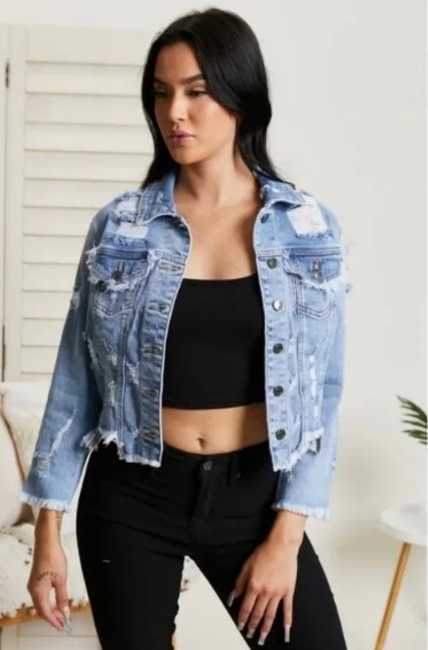 Plus size distressed Jean jacket